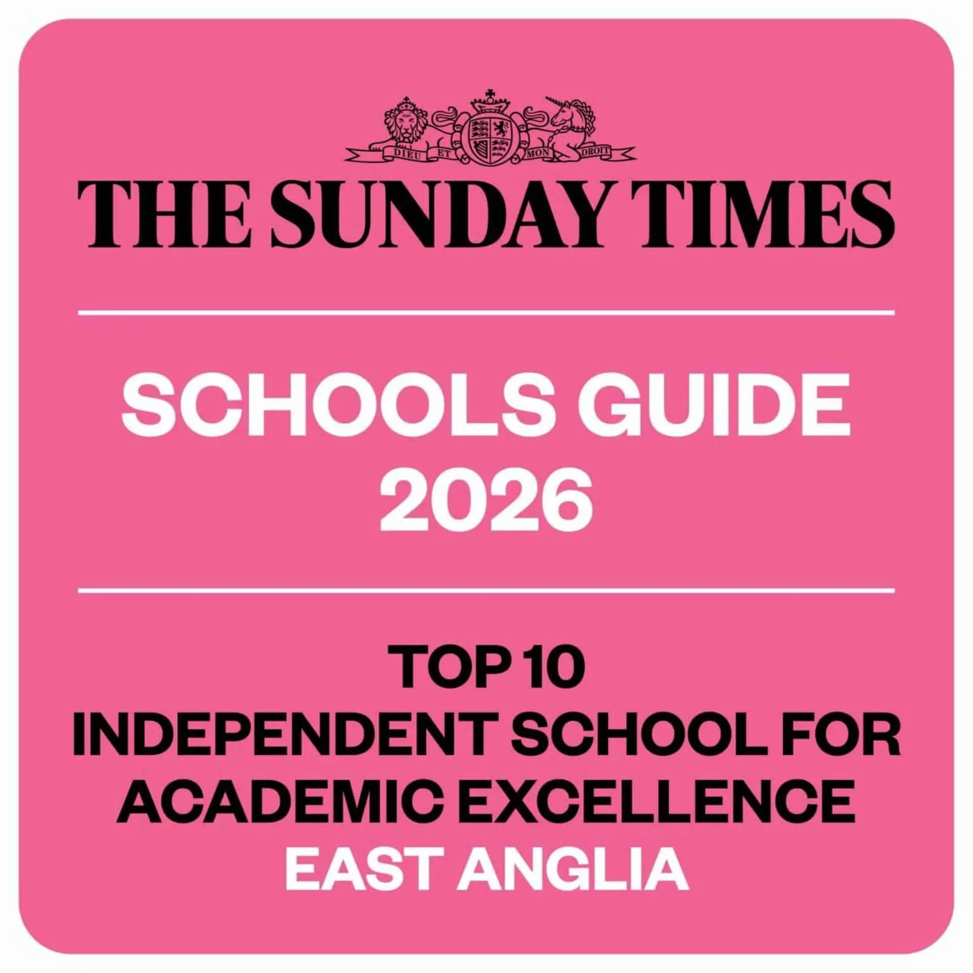 The Sunday Times Parent Guide 2026 - top 10 independent school for academic excellence, East Anglia