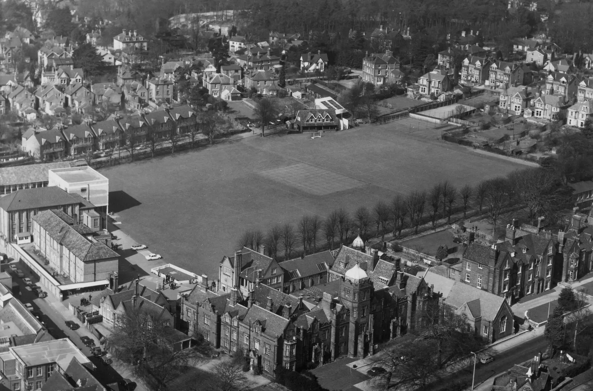 A vintage-style aerial image of the Ipswich School campus.